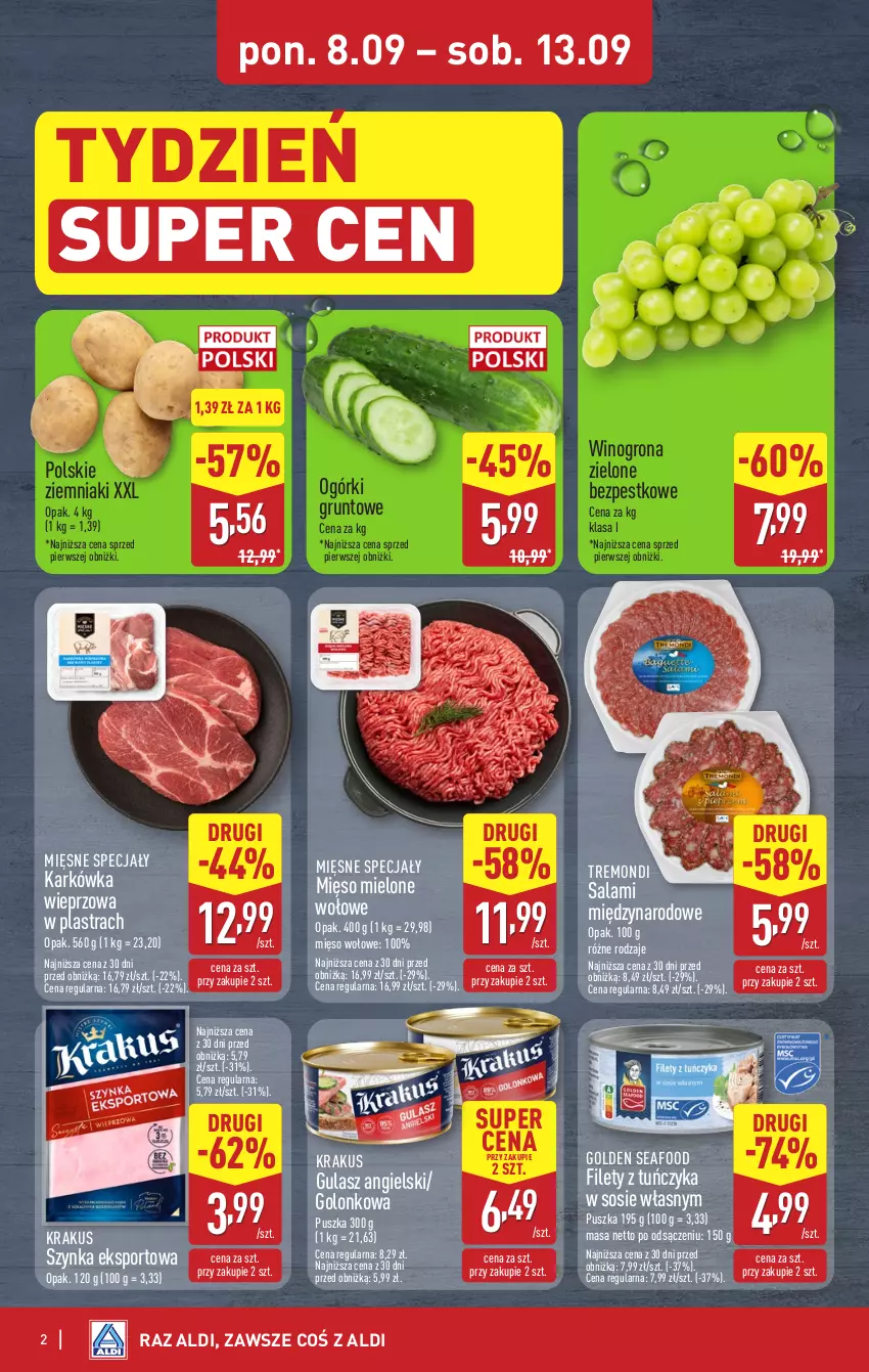 Gazetka promocyjna Aldi - Oferta weekendowa - ważna 11.09 do 13.09.2025 - strona 2 - produkty: Golden Seafood, Grunt, Karkówka wieprzowa, Krakus, Mięsne specjały, Mięso, Mięso mielone, Mięso wołowe, Por, Salami, Sos, Sport, Szynka, Tuńczyk, Wino, Winogrona, Ziemniaki