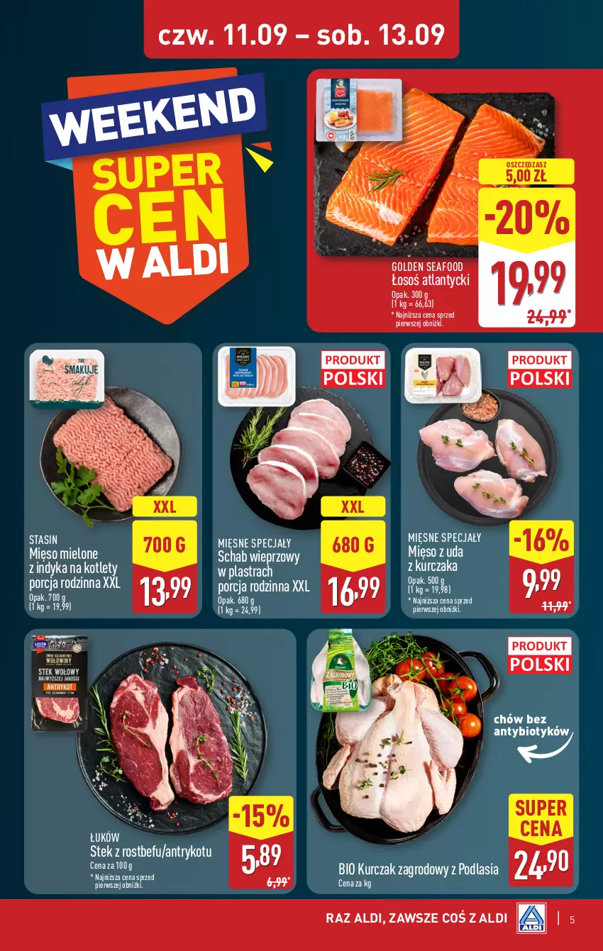 Gazetka promocyjna Aldi - Oferta weekendowa - ważna 11.09 do 13.09.2025 - strona 5 - produkty: Golden Seafood, Kotlet, Kurczak, Mięsne specjały, Mięso, Mięso mielone, Por, Rostbef, Schab wieprzowy, Stek