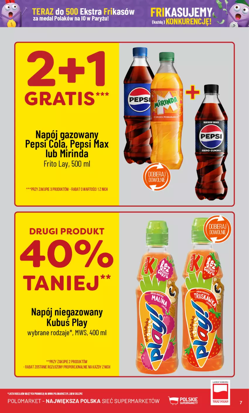 Gazetka promocyjna PoloMarket - Gazetka pomocyjna - ważna 31.07 do 06.08.2024 - strona 7 - produkty: Kubuś, Laur, Mirinda, Napój, Napój niegazowany, Pepsi, Pepsi max, Ryż, Tera