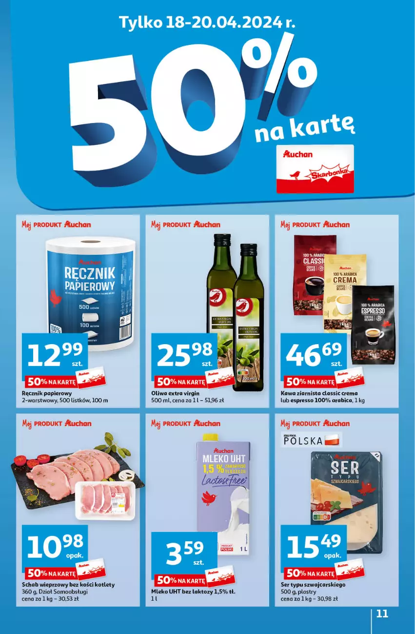 Gazetka promocyjna Auchan - Gazetka Mamy wiosnę Ale jazda! Hipermarket Auchan - ważna 18.04 do 24.04.2024 - strona 11 - produkty: BIC, Cars, Gin, Kawa, Kawa ziarnista, Kotlet, Mleko, Papier, Ręcznik, Schab wieprzowy, Ser