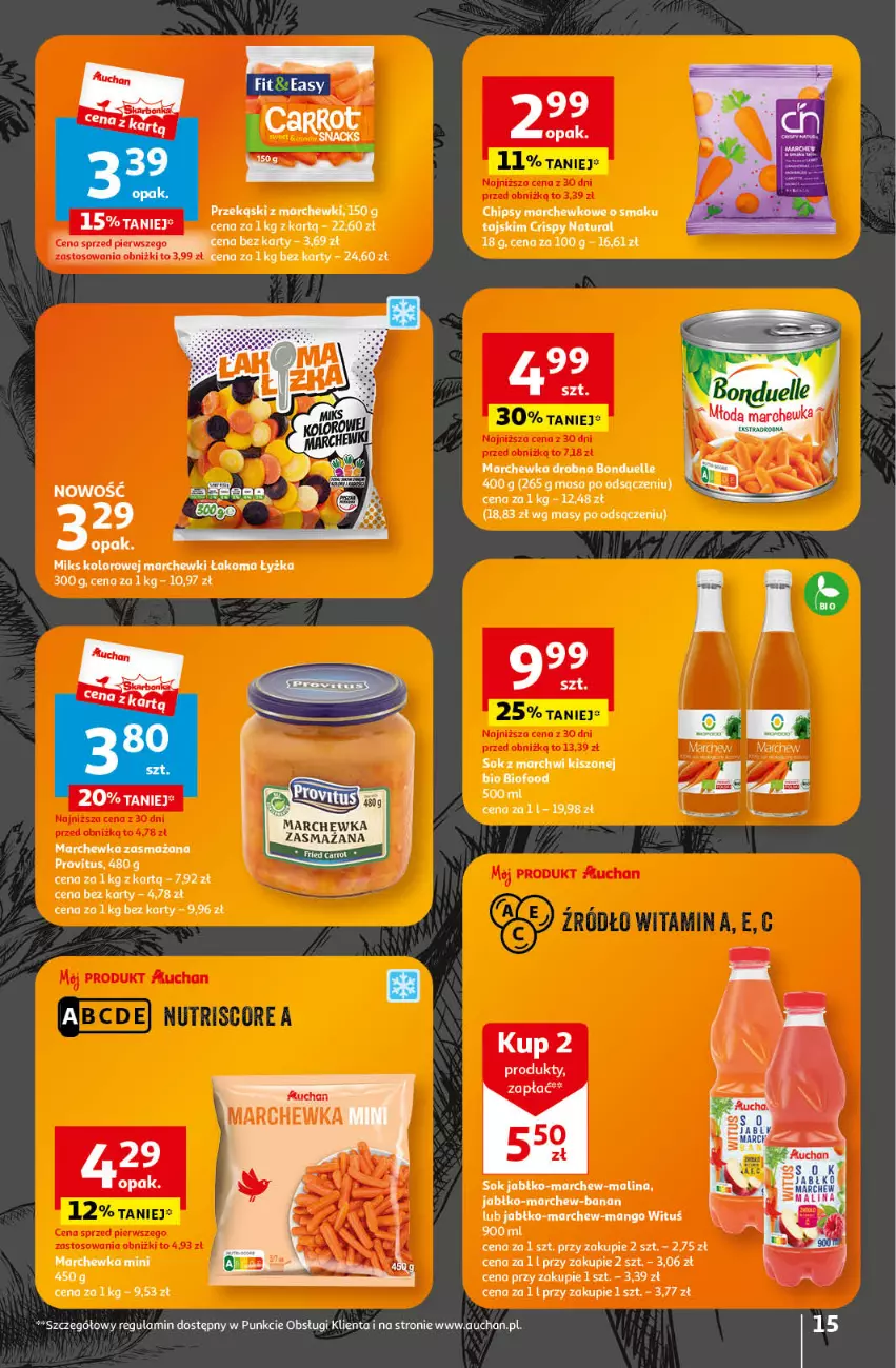 Gazetka promocyjna Auchan - Gazetka Mamy wiosnę Ale jazda! Hipermarket Auchan - ważna 18.04 do 24.04.2024 - strona 15 - produkty: Bonduelle, Chipsy, Mango, Marchewka, Sok