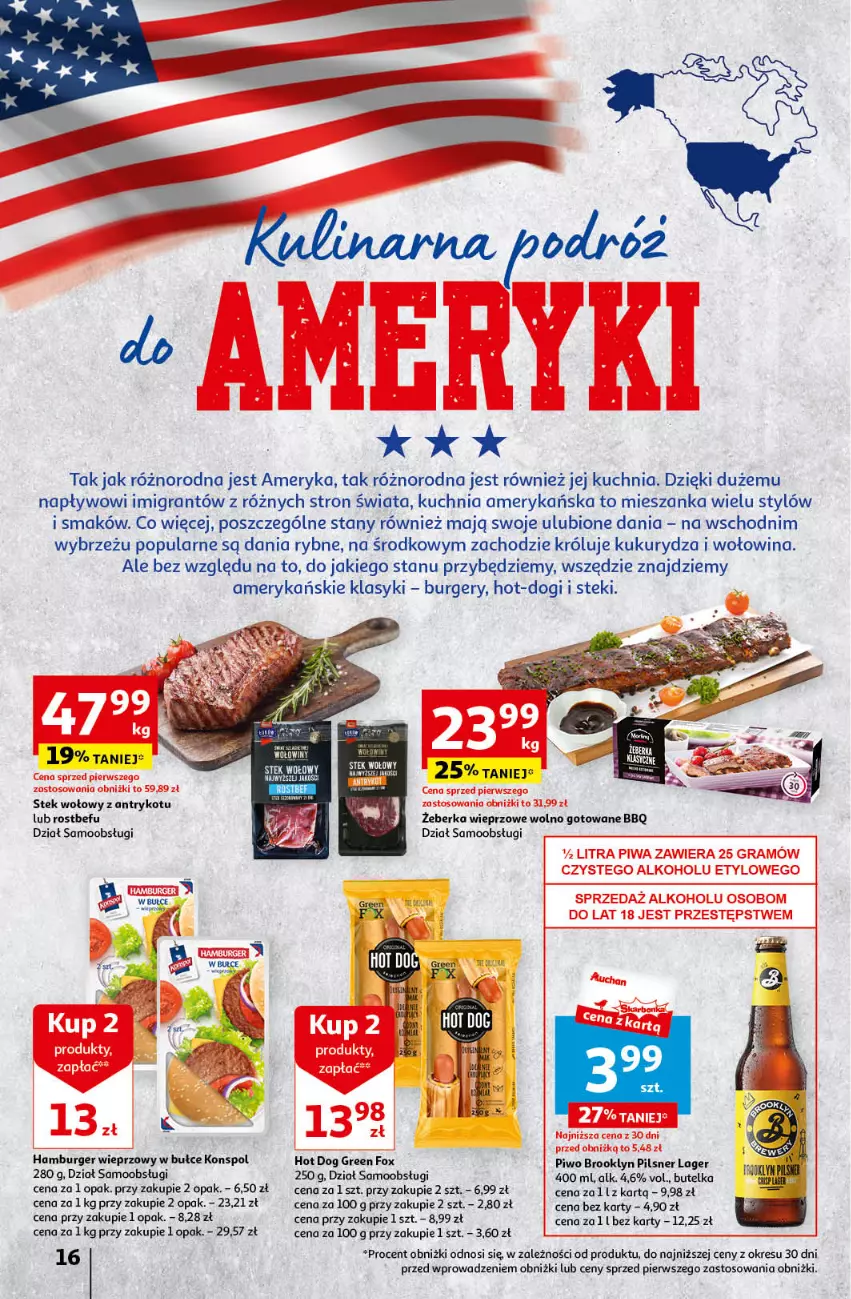 Gazetka promocyjna Auchan - Gazetka Mamy wiosnę Ale jazda! Hipermarket Auchan - ważna 18.04 do 24.04.2024 - strona 16 - produkty: Burger, Gra, Hamburger, Hot dog, Kuchnia, Kukurydza, Lody, Piwo, Rostbef, Stek, Stek wołowy, Wołowina