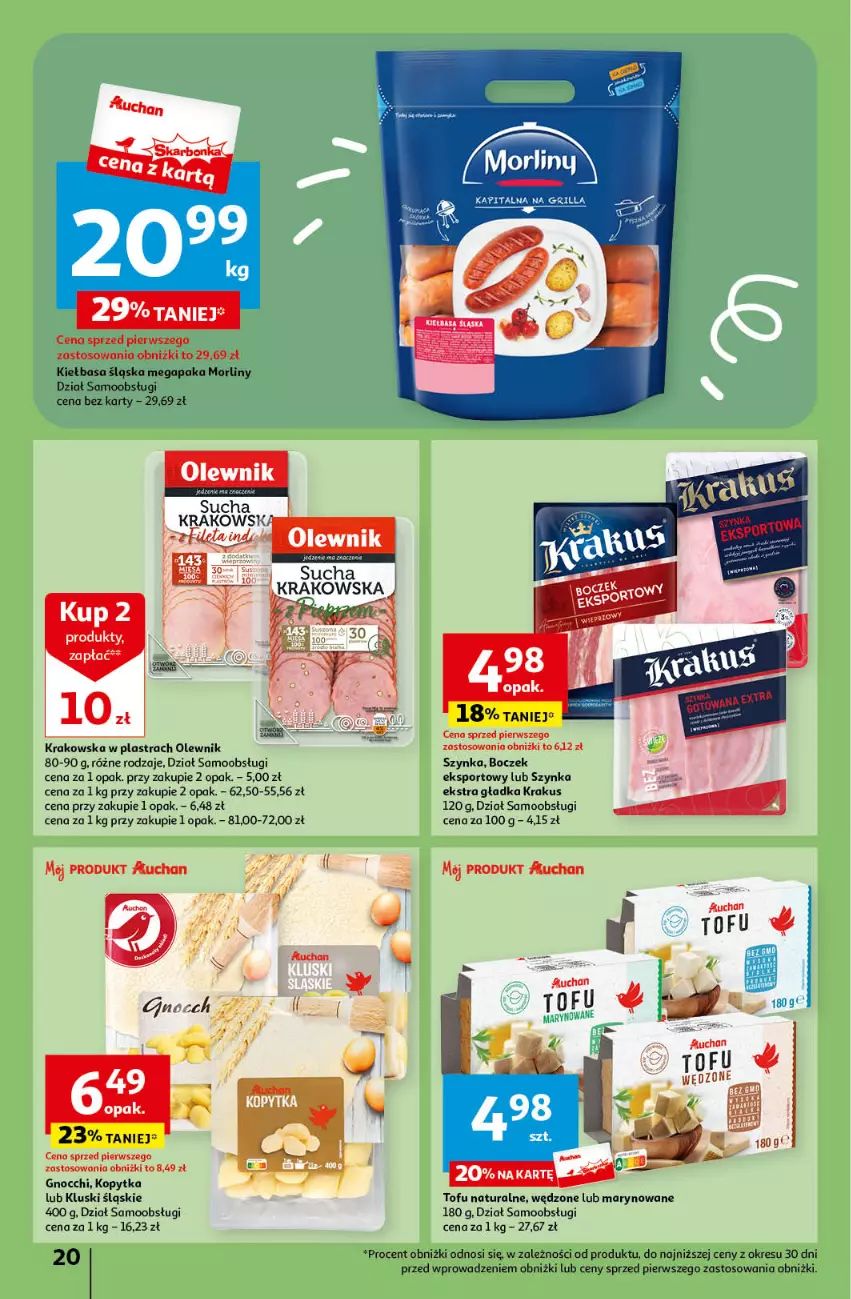 Gazetka promocyjna Auchan - Gazetka Mamy wiosnę Ale jazda! Hipermarket Auchan - ważna 18.04 do 24.04.2024 - strona 20 - produkty: Boczek, Gnocchi, Kiełbasa, Kiełbasa śląska, Kopytka, Krakus, Morliny, Olewnik, Por, Sport, Szynka, Tofu