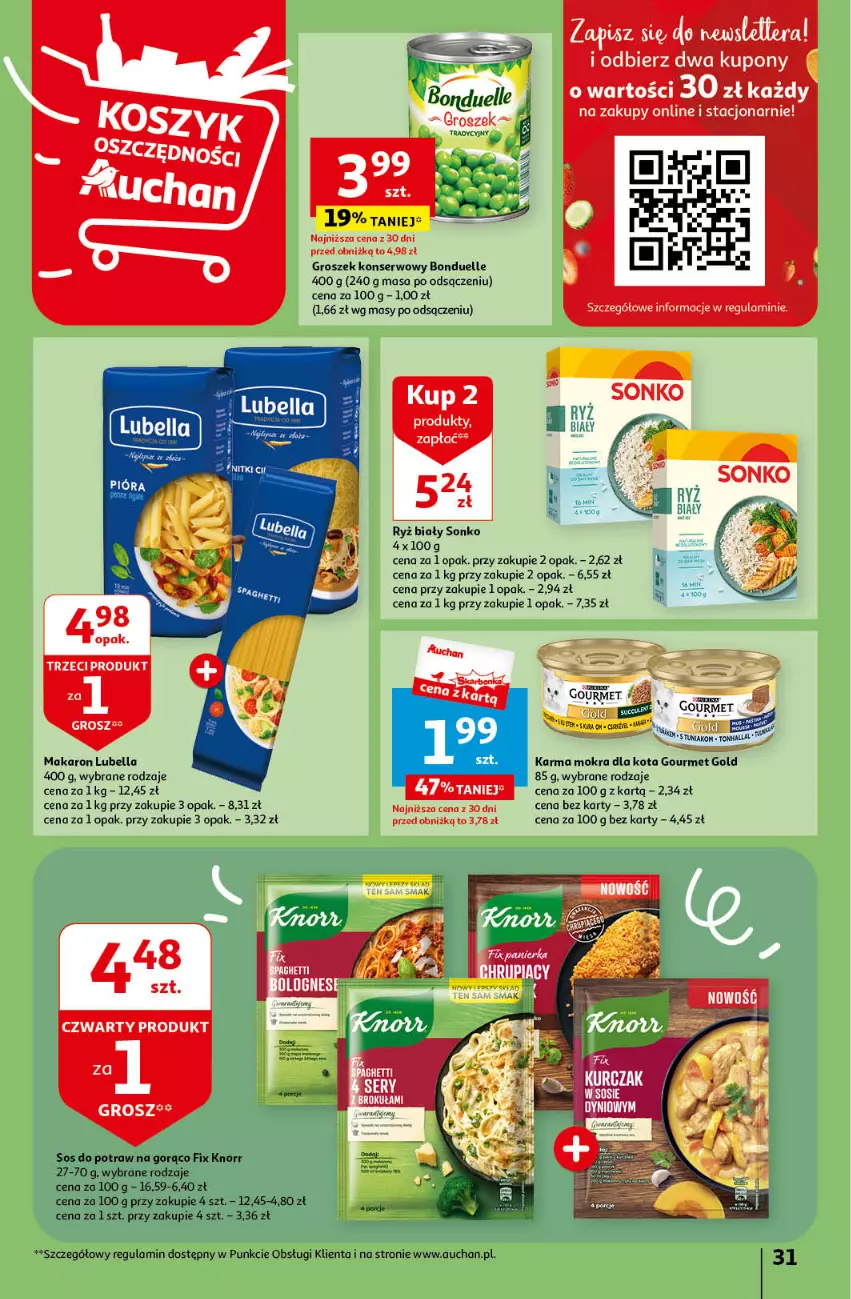 Gazetka promocyjna Auchan - Gazetka Mamy wiosnę Ale jazda! Hipermarket Auchan - ważna 18.04 do 24.04.2024 - strona 31 - produkty: Bell, Bella, Bonduelle, Groszek, Knorr, Lubella, Makaron, Ryż, Ryż biały, Ser, Sonko, Sos