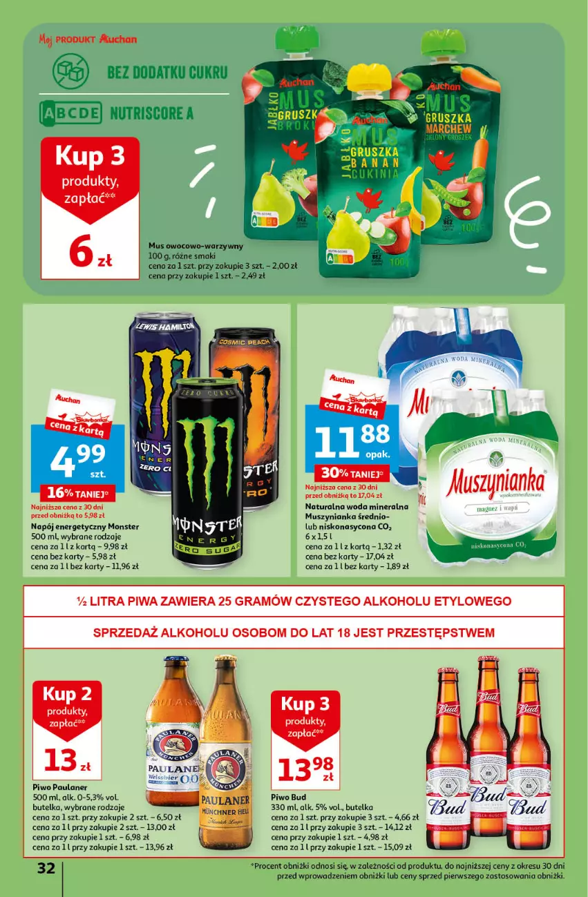 Gazetka promocyjna Auchan - Gazetka Mamy wiosnę Ale jazda! Hipermarket Auchan - ważna 18.04 do 24.04.2024 - strona 32 - produkty: Gra, Mus, Muszynianka, Napój, Napój energetyczny, Piwa, Piwo, Woda, Woda mineralna