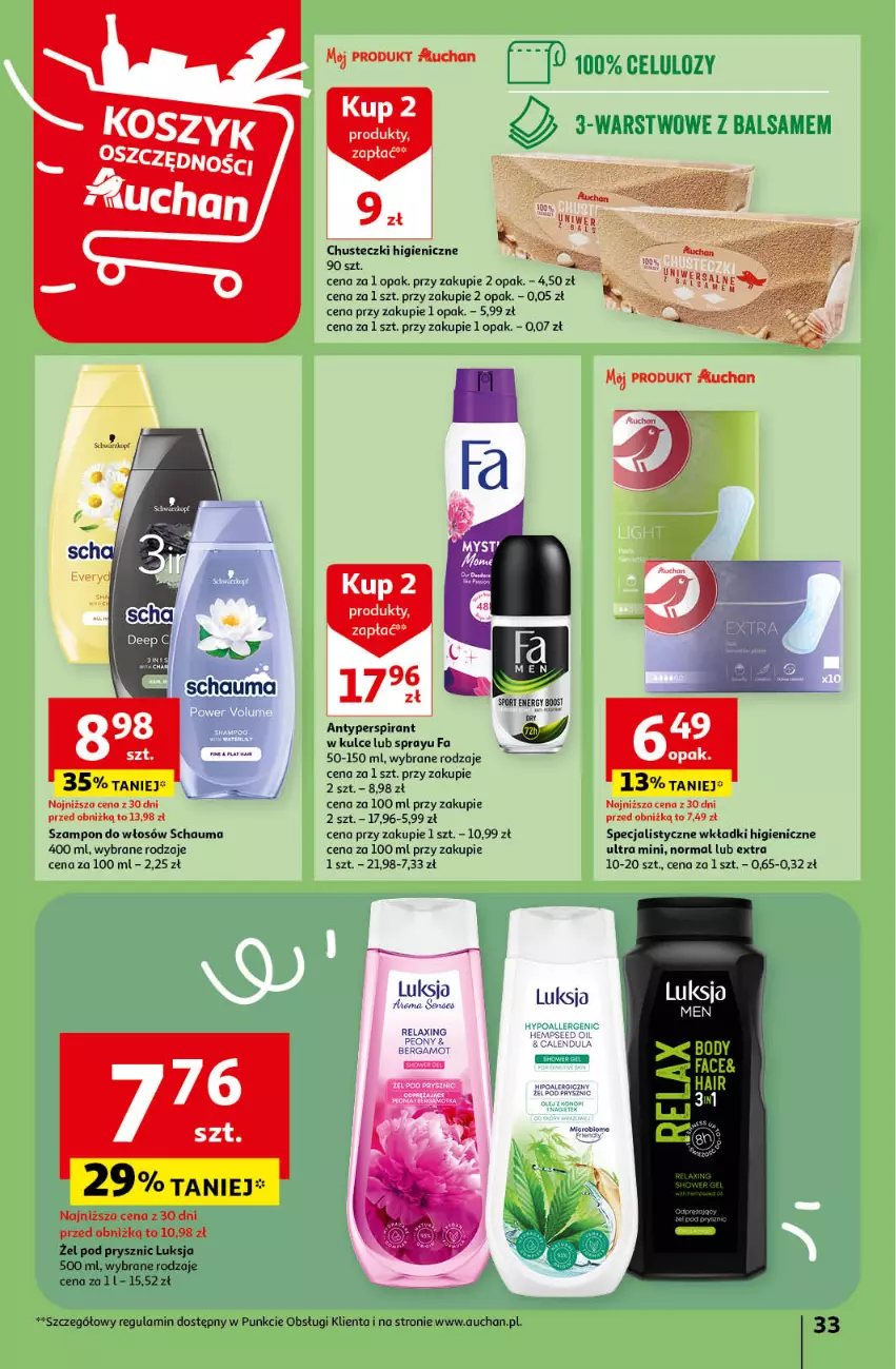 Gazetka promocyjna Auchan - Gazetka Mamy wiosnę Ale jazda! Hipermarket Auchan - ważna 18.04 do 24.04.2024 - strona 33 - produkty: Antyperspirant, Chusteczki, Fa, Luksja, Por, Schauma, Sport, Szampon, Wkładki