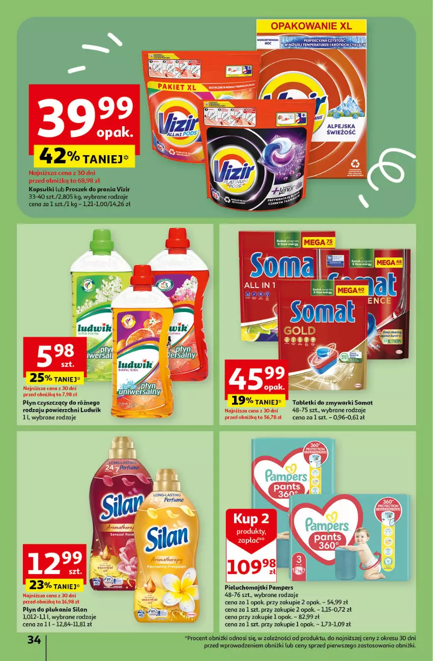 Gazetka promocyjna Auchan - Gazetka Mamy wiosnę Ale jazda! Hipermarket Auchan - ważna 18.04 do 24.04.2024 - strona 34 - produkty: Ludwik, Majtki, Pampers, Perfum, Pieluchomajtki, Płyn do płukania, Proszek do prania, Silan, Somat, Tablet, Tabletki do zmywarki, Vizir, Zmywarki