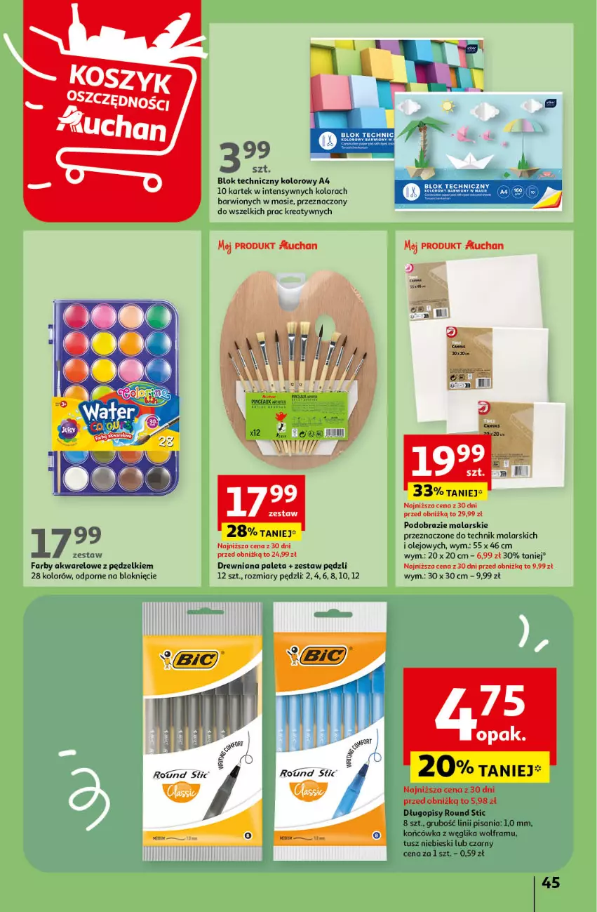 Gazetka promocyjna Auchan - Gazetka Mamy wiosnę Ale jazda! Hipermarket Auchan - ważna 18.04 do 24.04.2024 - strona 45 - produkty: BIC, Długopis, Fa, Obraz, Olej, Paleta, Por, Tusz, Zestaw pędzli