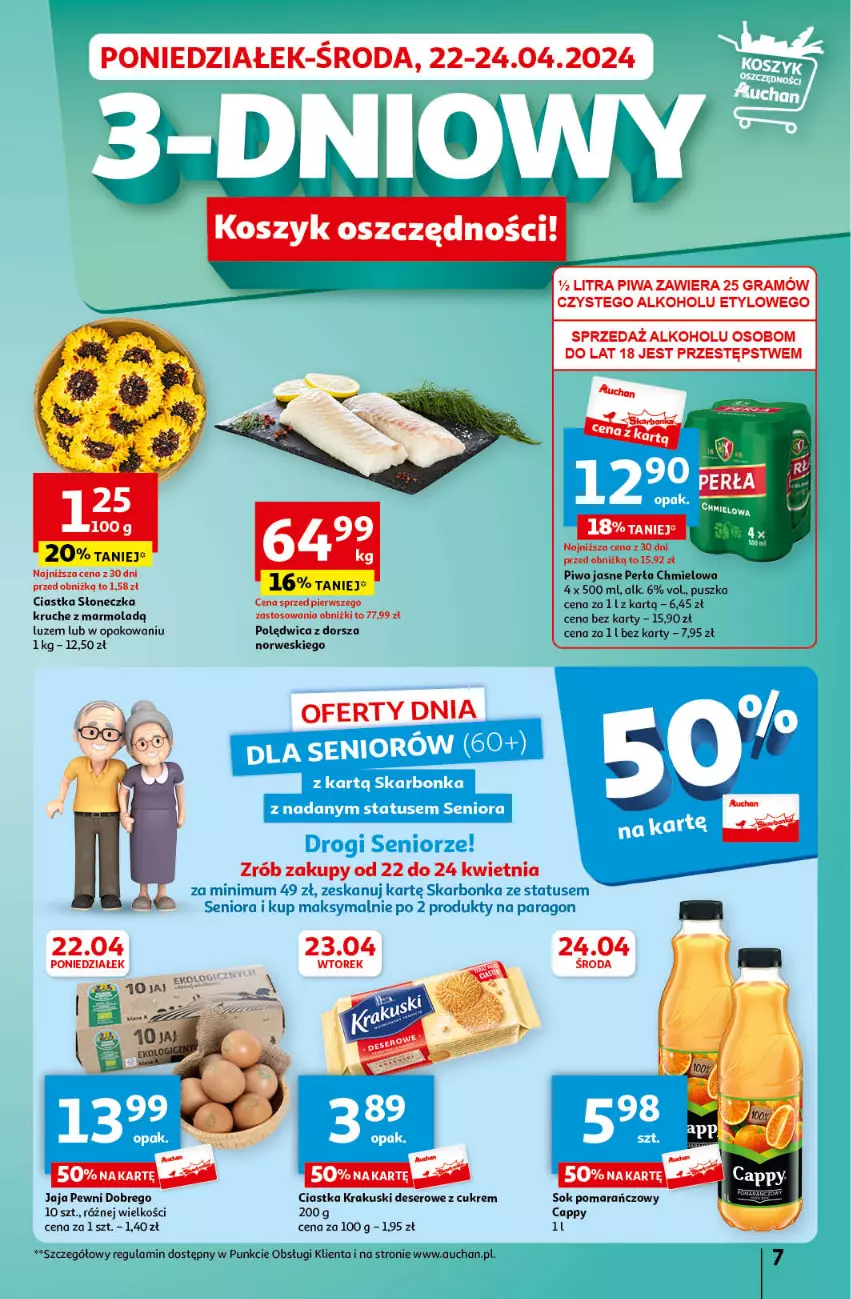 Gazetka promocyjna Auchan - Gazetka Mamy wiosnę Ale jazda! Hipermarket Auchan - ważna 18.04 do 24.04.2024 - strona 7 - produkty: Cappy, Ciastka, Deser, Dorsz, Gra, Jaja, Krakus, Krakuski, Mola, Perła, Piwa, Piwo, Piwo jasne, Polędwica, Ser, Sok, Sok pomarańczowy