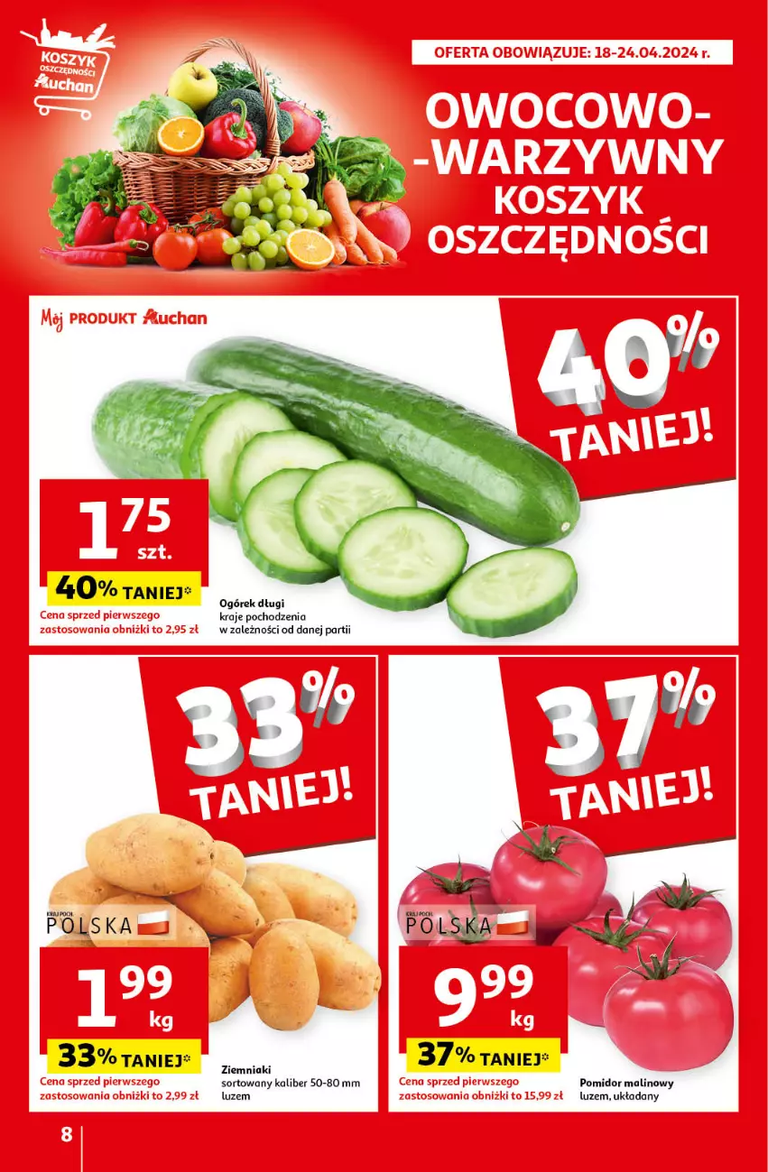 Gazetka promocyjna Auchan - Gazetka Mamy wiosnę Ale jazda! Hipermarket Auchan - ważna 18.04 do 24.04.2024 - strona 8 - produkty: Ogórek, Pomidor malinowy, Ziemniaki