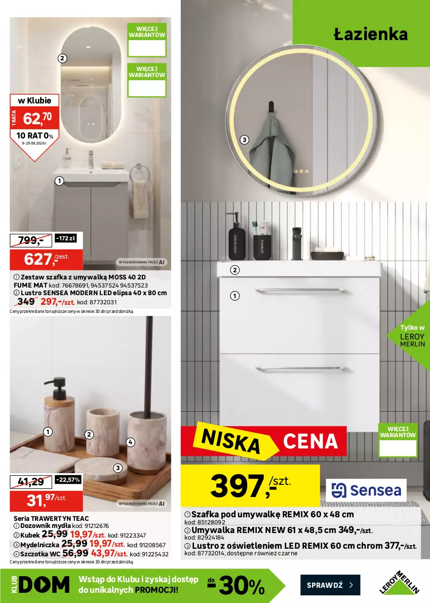 Gazetka promocyjna Leroy Merlin - Gazetka Leroy Merlin - ważna 09.09 do 29.09.2026 - strona 21 - produkty: Dozownik, Dozownik mydła, Gres, Gres szkliwiony, Kubek, Lustro, Mydelniczka, Por, Ser, Szafka, Szafka pod umywalkę, Szczotka, Umywalka