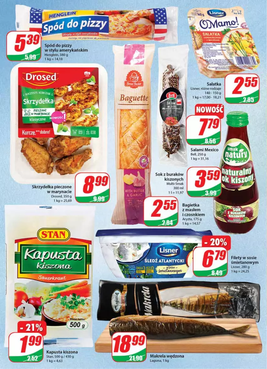 Gazetka promocyjna Dino - Gazetka - ważna 29.06 do 05.07.2022 - strona 16 - produkty: Bagietka, Bell, Lisner, Piec, Salami, Sałat, Sałatka, Skrzydełka pieczone, Sok, Sos, Spód do pizzy