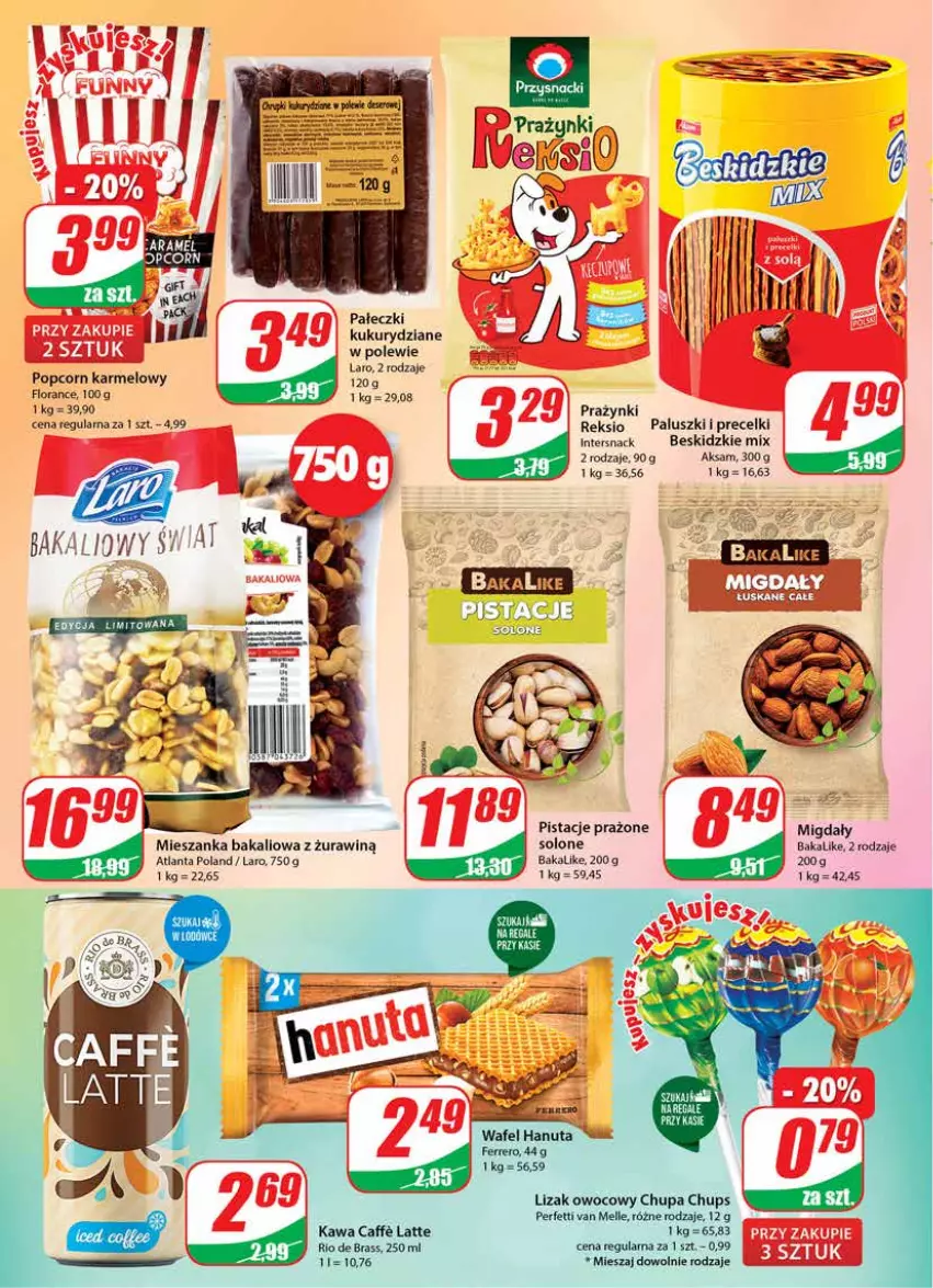 Gazetka promocyjna Dino - Gazetka - ważna 29.06 do 05.07.2022 - strona 18 - produkty: Aksam, Beskidzki, Chupa Chups, Ferrero, Flora, Kawa, Mieszanka bakaliowa, Migdały, Pistacje, Popcorn, Precelki, Przysnacki