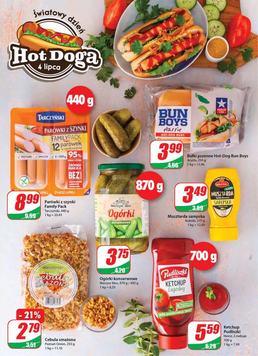 Gazetka promocyjna Dino - Gazetka - ważna 29.06 do 05.07.2022 - strona 7 - produkty: Cebula, Cebula smażona, Fa, Heinz, Ketchup, Mus, Musztarda, Ogórki konserwowe, Parówki, Parówki z szynki, Pudliszki, Ser, Tarczyński