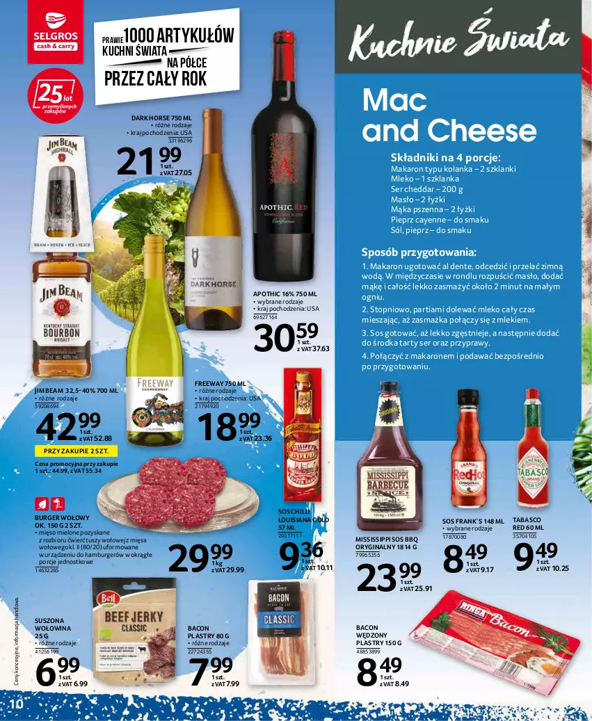 Gazetka promocyjna Selgros - Katalog Kuchnie Świata - ważna 22.04 do 31.12.2022 - strona 10 - produkty: Burger, Cheddar, Gin, Hamburger, Jim Beam, Lanki, Mąka, Mąka pszenna, Makaron, Masło, Mięso, Mięso mielone, Mleko, Pieprz, Por, Przyprawy, Ser, Sól, Sos, Sos chilli, Szklanka, Top, Tusz, Wołowina