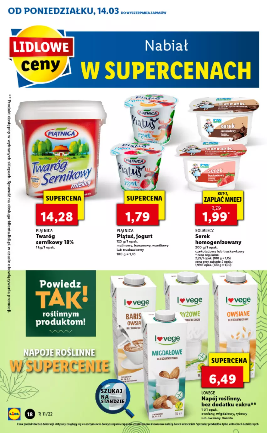 Gazetka promocyjna Lidl - GAZETKA - ważna 14.03 do 16.03.2022 - strona 18 - produkty: Jogurt, Napój, Napój roślinny, Piątnica, Rolmlecz, Ryż, Ser, Serek, Twaróg