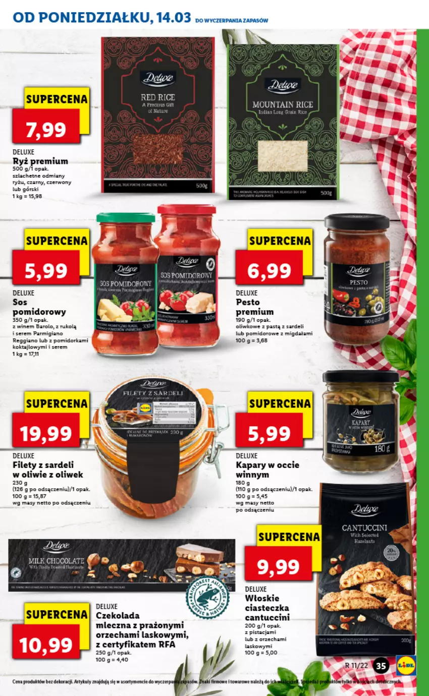 Gazetka promocyjna Lidl - GAZETKA - ważna 14.03 do 16.03.2022 - strona 35 - produkty: Czekolada, Czekolada mleczna, Fa, Kapary, Pesto, Ryż, Ser, Sos