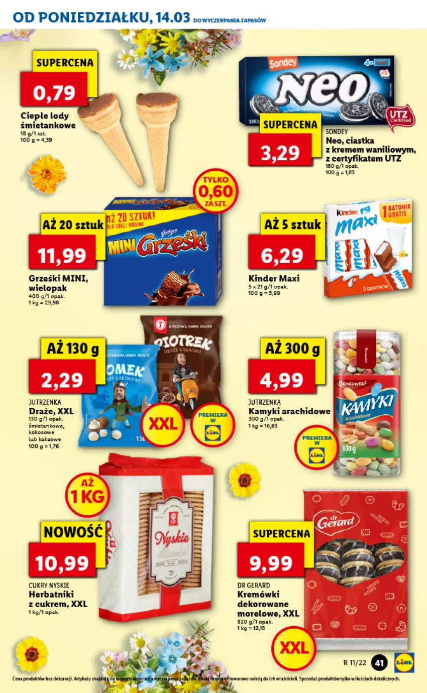 Gazetka promocyjna Lidl - GAZETKA - ważna 14.03 do 16.03.2022 - strona 41 - produkty: Ciastka, Ciepłe lody, Dr Gerard, Grześki, Herbatniki, Jutrzenka, Kakao, Kamyki arachidowe, Kinder, Kokos, Lody