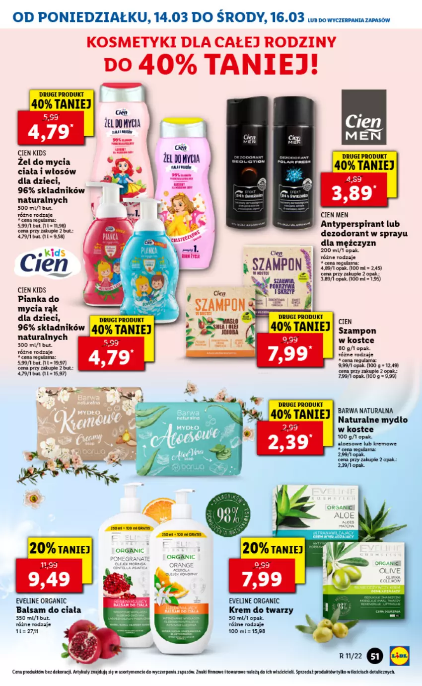 Gazetka promocyjna Lidl - GAZETKA - ważna 14.03 do 16.03.2022 - strona 51 - produkty: Antyperspirant, Balsam do ciała, Barwa Naturalna, Cień, Cif, Dezodorant, Dzieci, Eveline, Fa, Gra, Krem do twarzy, Mydło, Szampon