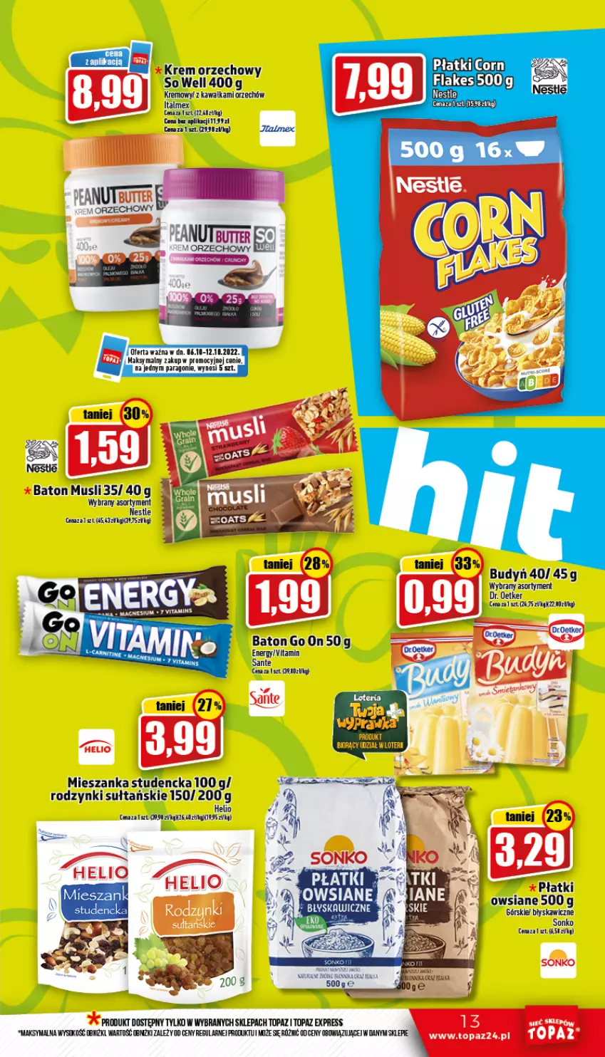 Gazetka promocyjna Topaz - Gazetka - ważna 06.10 do 12.10.2022 - strona 13 - produkty: Baton, Budyń, Dr. Oetker, Helio, K2, Kawa, Koc, Mus, Rodzynki, Sante, Sonko, Top