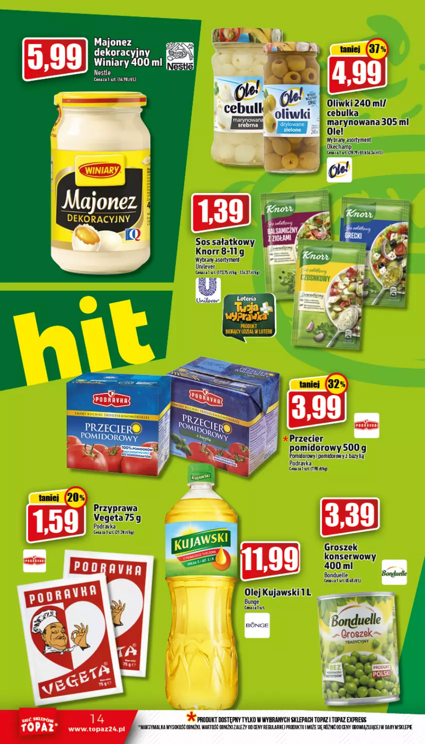 Gazetka promocyjna Topaz - Gazetka - ważna 06.10 do 12.10.2022 - strona 14 - produkty: Knorr, Kujawski, Majonez, Ole!, Olej, Podravka, Ser, Sok, Top, Vegeta, Winiary