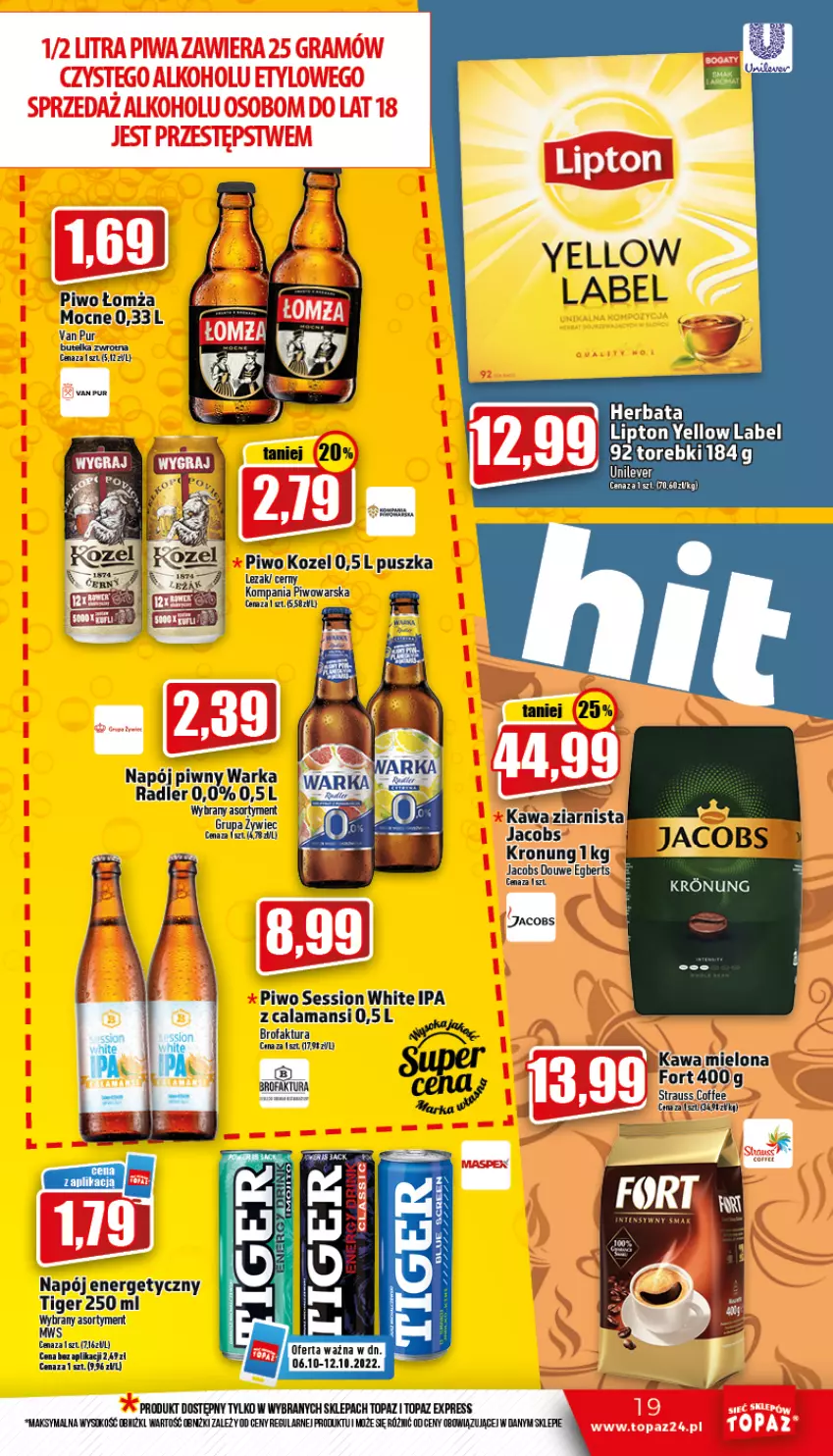 Gazetka promocyjna Topaz - Gazetka - ważna 06.10 do 12.10.2022 - strona 19 - produkty: Fa, Jacobs, Kozel, Lipton, Napój, Napój energetyczny, Piwo, Pur, Radler, Sok, Tiger, Top, Warka