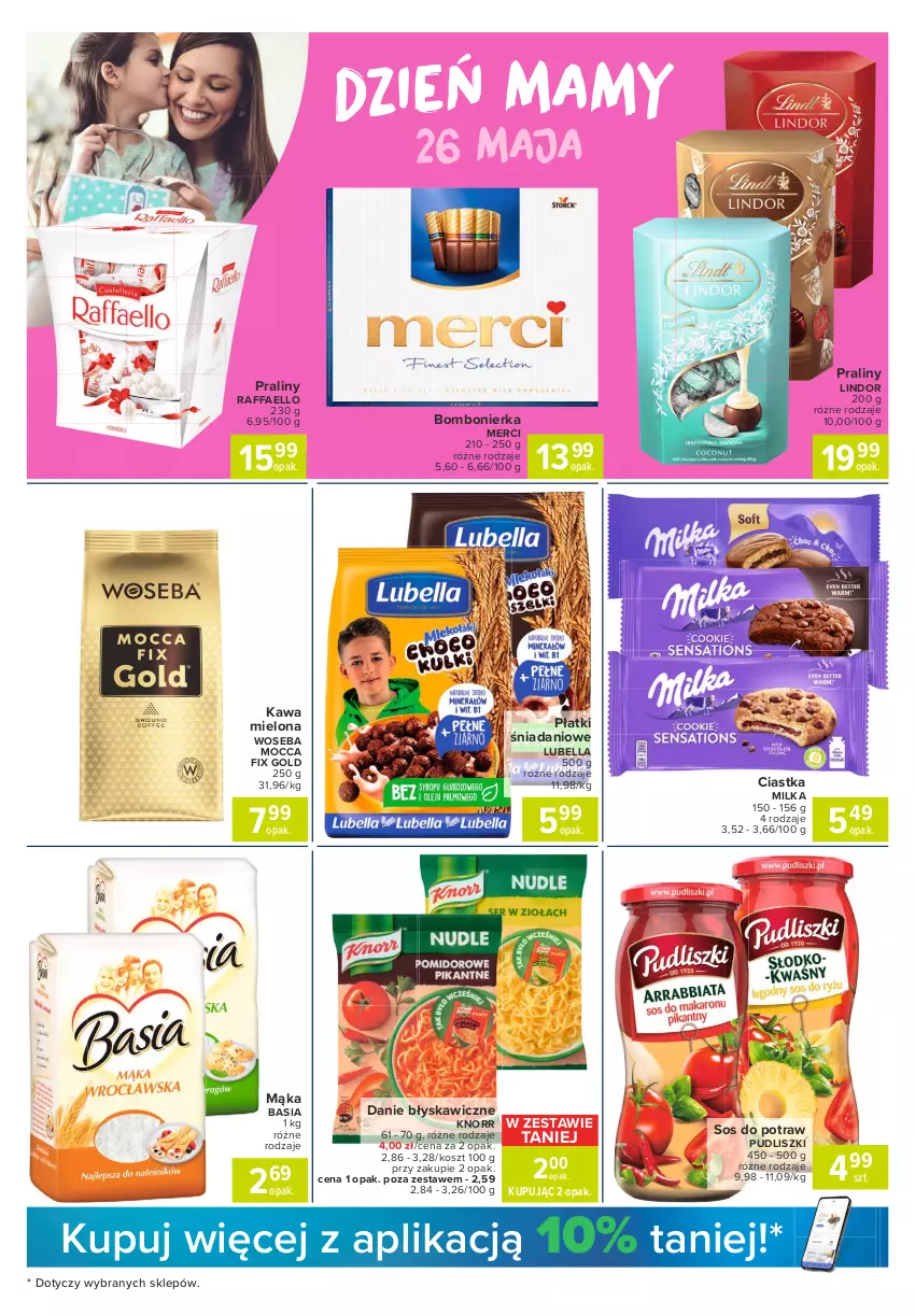 Gazetka promocyjna Carrefour - Gazetka Express - ważna 24.05 do 31.05.2021 - strona 3 - produkty: Basia, Bell, Bella, Ciastka, Danio, Fa, Kawa, Kawa mielona, Knorr, Kosz, Lindor, Lubella, Mąka, Merci, Milka, Mocca Fix Gold, Praliny, Pudliszki, Raffaello, Sos, Woseba