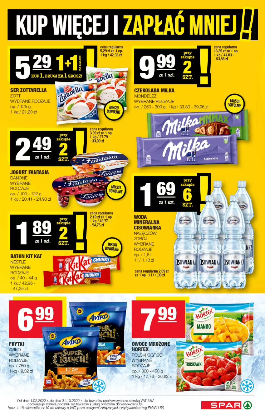 Gazetka promocyjna Spar - Spar - ważna 04.10 do 14.10.2022 - strona 5 - produkty: Baton, Cisowianka, Czekolada, Danone, Fa, Fanta, Frytki, Jogurt, Kit Kat, Mango, Milka, Owoce, Ser, Sok, Truskawki, Zott, Zottarella