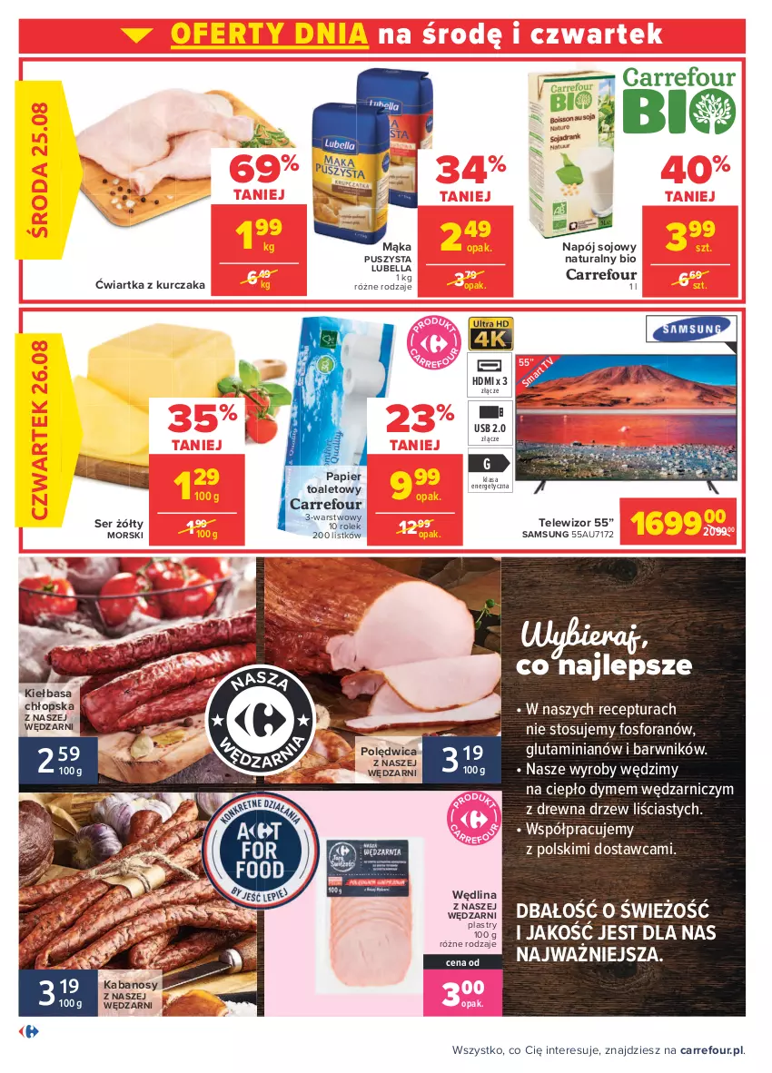 Gazetka promocyjna Carrefour - Gazetka Codzienne okazje, by kupować taniej - ważna 23.08 do 04.09.2021 - strona 2 - produkty: Bell, Bella, Kabanos, Kiełbasa, Kurczak, Lubella, Mąka, Napój, Papier, Papier toaletowy, Polędwica, Samsung, Ser, Telewizor, Wędlina