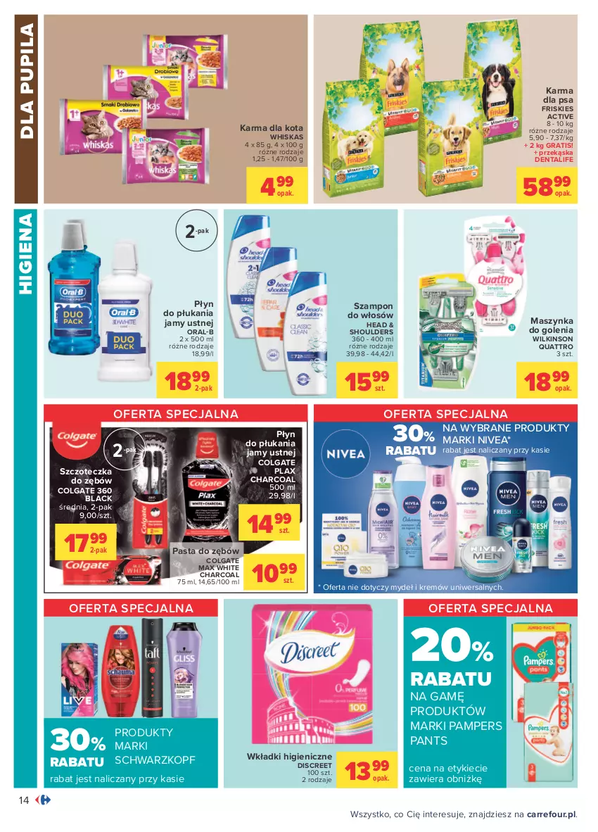 Gazetka promocyjna Carrefour - Gazetka Codzienne okazje, by kupować taniej - ważna 23.08 do 04.09.2021 - strona 20 - produkty: Colgate, Discreet, Friskies, Gra, Lack, LG, Maszynka, Maszynka do golenia, Nivea, Pampers, Pasta do zębów, Płyn do płukania, Płyn do płukania jamy ustnej, Schwarzkopf, Szampon, Szczoteczka, Szczoteczka do zębów, Szynka, Whiskas, Wkładki