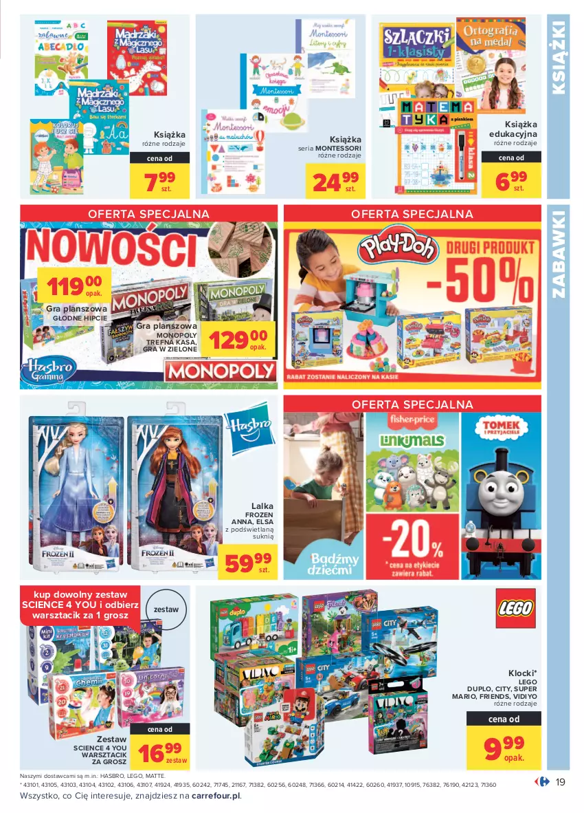 Gazetka promocyjna Carrefour - Gazetka Codzienne okazje, by kupować taniej - ważna 23.08 do 04.09.2021 - strona 25 - produkty: Frozen, Gra, Hasbro, Klocki, Książka, Lalka, LEGO, LEGO Duplo, Monopoly, Monte, Ser