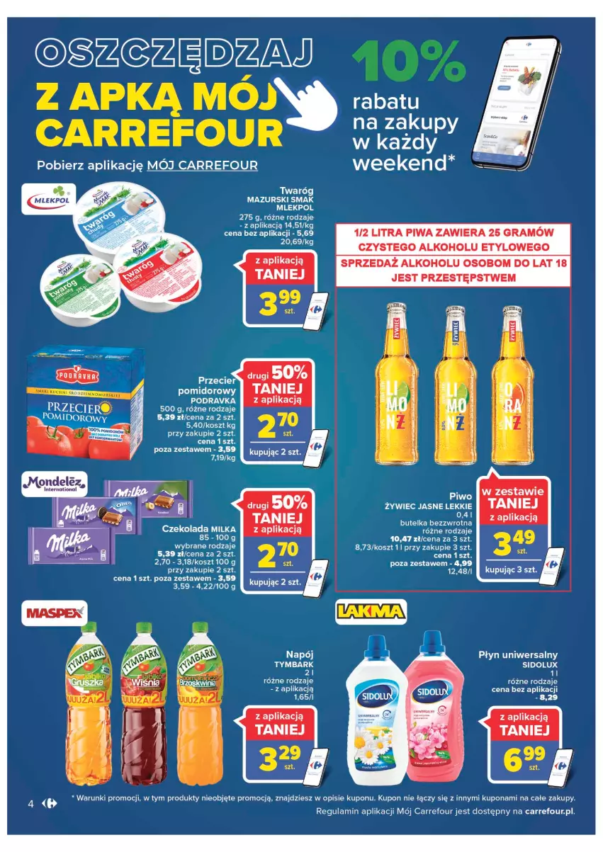 Gazetka promocyjna Carrefour - Gazetka Szalona 5 Carrefour Tarnów - ważna 02.08 do 13.08.2022 - strona 4 - produkty: Gra, Kosz, Napój, Piwa, Piwo, Podravka, Sidolux, Twaróg, Tymbark