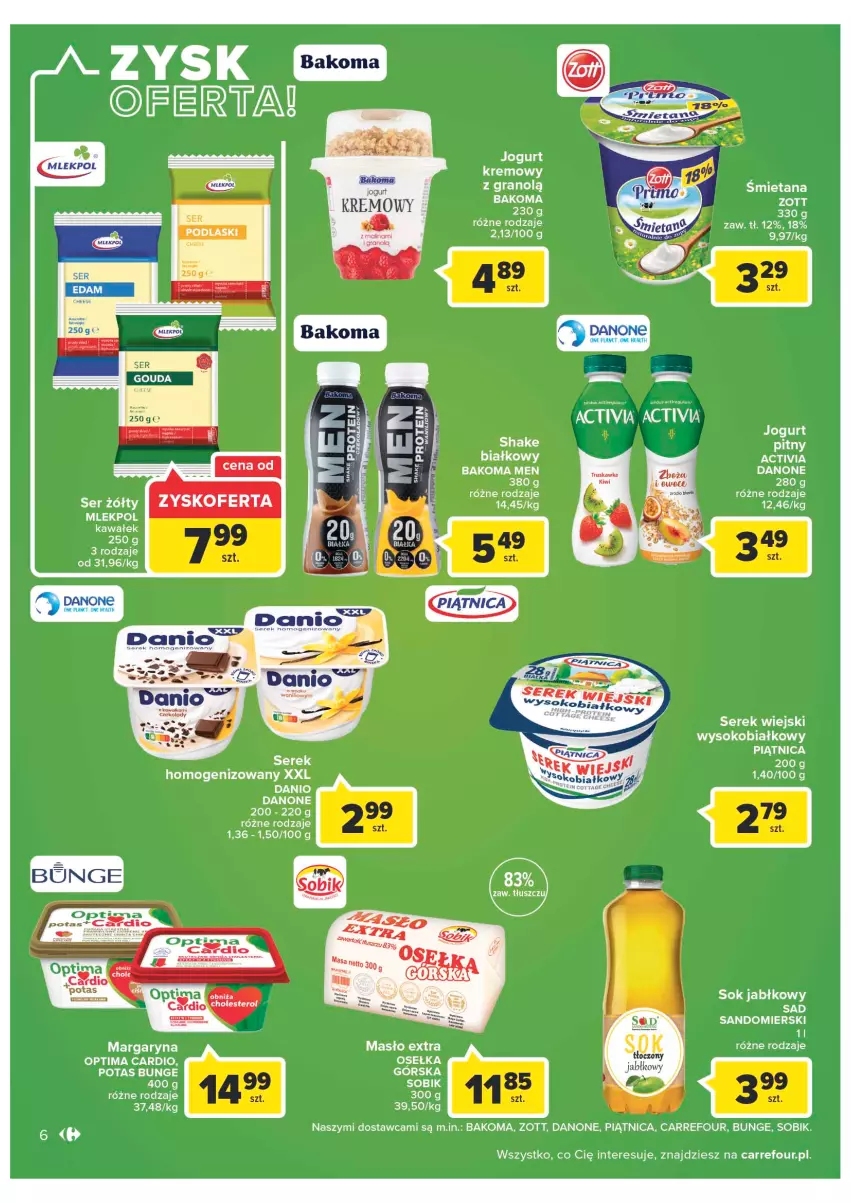 Gazetka promocyjna Carrefour - Gazetka Szalona 5 Carrefour Tarnów - ważna 02.08 do 13.08.2022 - strona 6 - produkty: Activia, Bakoma, Danone, Gra, Jogurt, Margaryna, Masło, Optima, Optima Cardio, Piątnica, Ser, Serek, Serek wiejski, Sok, Sok jabłkowy, Zott